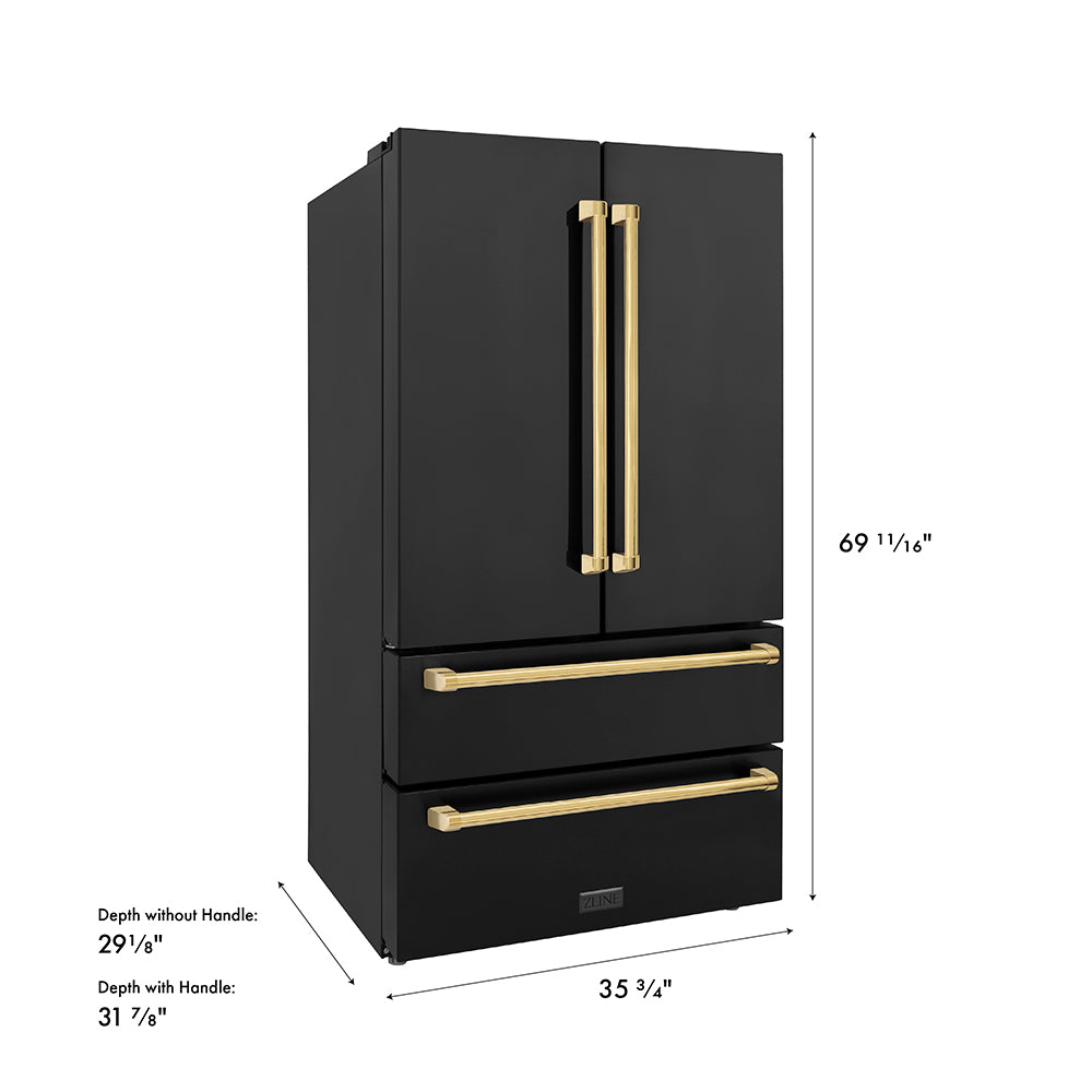 ZLINE Autograph Edition 36 in. 22.5 cu. ft. Counter-Depth French Door Refrigerator with Ice Maker in Fingerprint-Resistant Black Stainless Steel with Polished Gold Traditional Handles (RFMZ-36-BS-G) dimensional diagram.