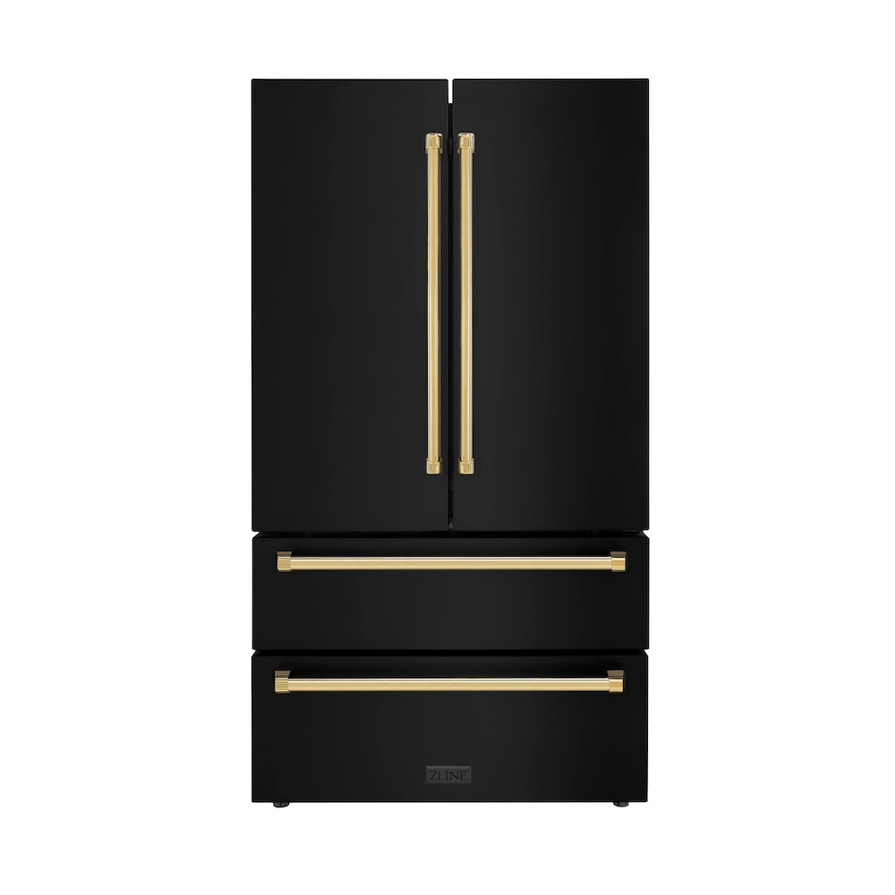 ZLINE 48 in. Autograph Edition Kitchen Package with Black Stainless Steel Dual Fuel Range, Range Hood, Dishwasher and Refrigeration with Polished Gold Accents (4AKPR-RABRHDWV48-G)