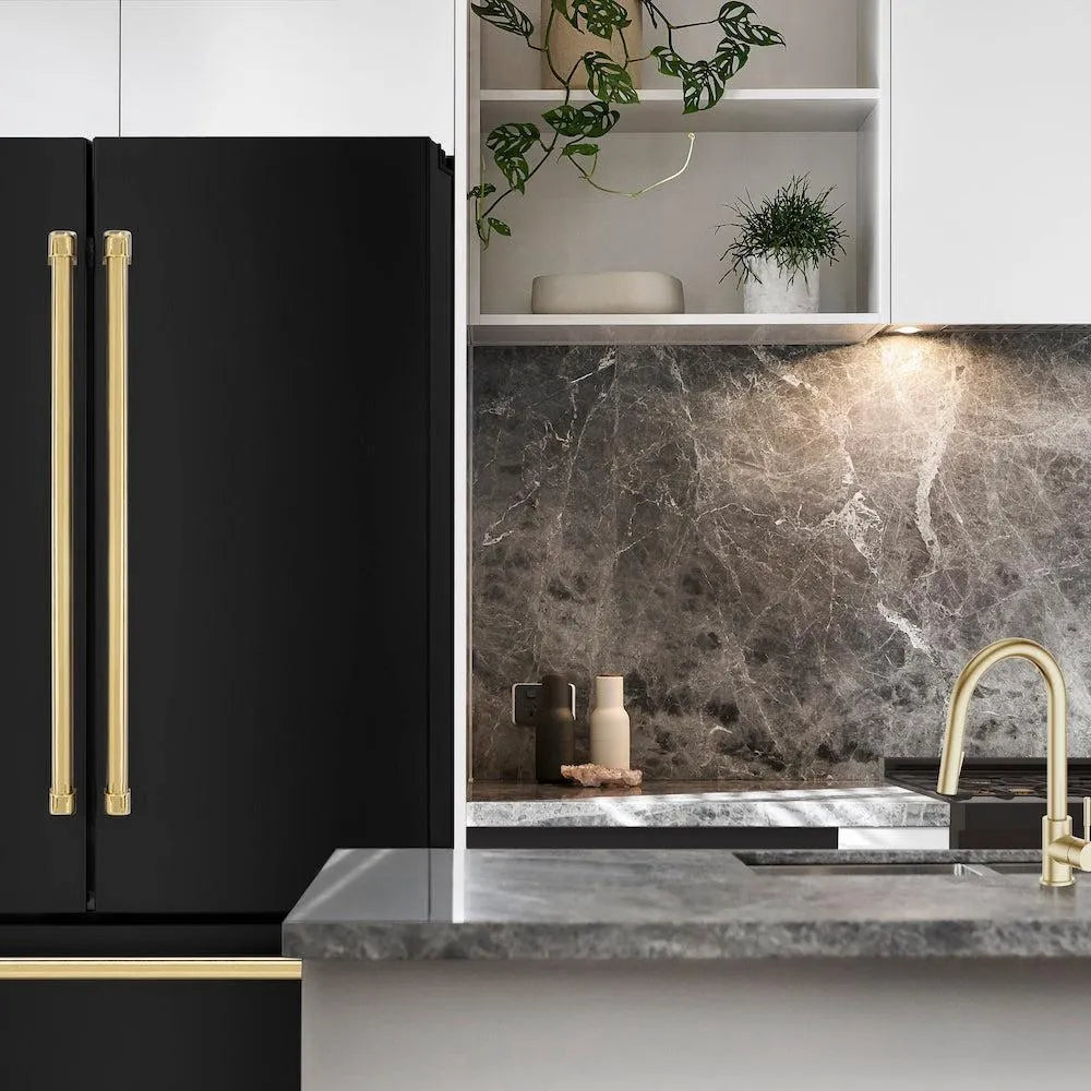 ZLINE Autograph Edition 36 in. Kitchen Package with Black Stainless Steel Dual Fuel Range, Range Hood, Dishwasher and Refrigeration with Polished Gold Accents (4AKPR-RABRHDWV36-G)