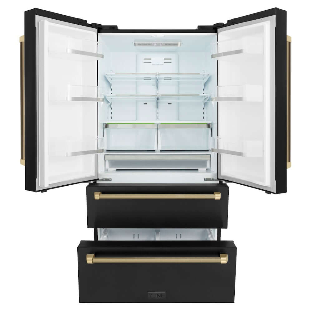 ZLINE Autograph Edition 36 in. 22.5 cu. ft. Counter-Depth French Door Refrigerator with Ice Maker in Fingerprint-Resistant Black Stainless Steel and Champagne Bronze Helix Handles (RFMZ-36-BS-KCB) front, refrigeration compartment and bottom freezer drawers open.