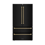 ZLINE Autograph Edition 36 in. 22.5 cu. ft. Counter-Depth French Door Refrigerator with Ice Maker in Fingerprint-Resistant Black Stainless Steel and Champagne Bronze Helix Handles (RFMZ-36-BS-KCB) front.