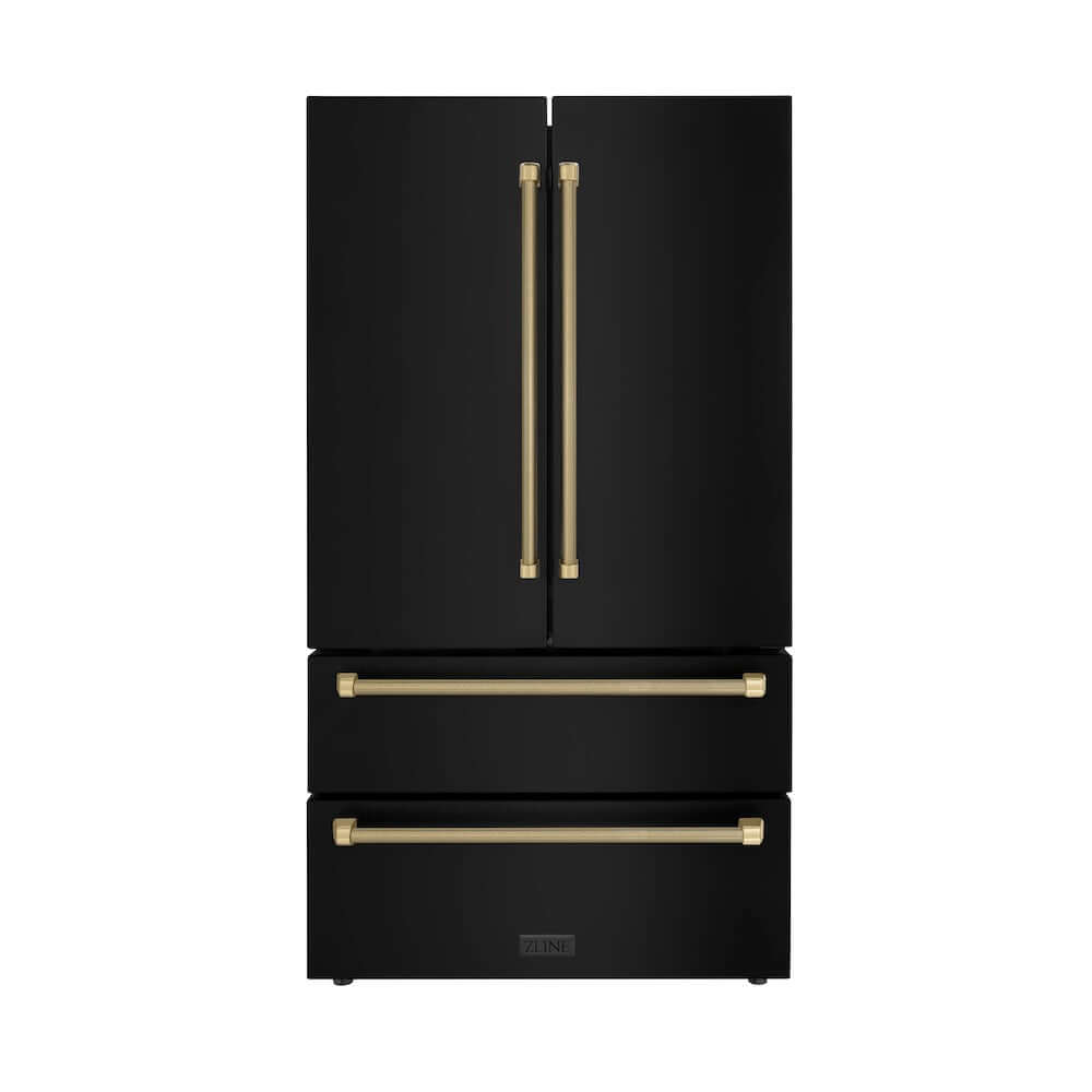 ZLINE Autograph Edition 36 in. 22.5 cu. ft. Counter-Depth French Door Refrigerator with Ice Maker in Fingerprint-Resistant Black Stainless Steel and Champagne Bronze Helix Handles (RFMZ-36-BS-KCB) front.