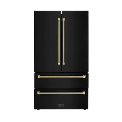 ZLINE Autograph Edition 36 in. 22.5 cu. ft. Counter-Depth French Door Refrigerator with Ice Maker in Fingerprint-Resistant Black Stainless Steel and Champagne Bronze Helix Handles (RFMZ-36-BS-KCB) front.