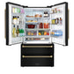 ZLINE Autograph Edition 36 in. 22.5 cu. ft. Counter-Depth French Door Refrigerator with Ice Maker in Fingerprint-Resistant Black Stainless Steel and Champagne Bronze Helix Handles (RFMZ-36-BS-KCB) front, refrigeration compartment open with various food and drink items on shelves and in door storage bins.