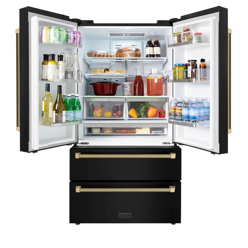ZLINE Autograph Edition 36 in. 22.5 cu. ft. Counter-Depth French Door Refrigerator with Ice Maker in Fingerprint-Resistant Black Stainless Steel and Champagne Bronze Helix Handles (RFMZ-36-BS-KCB) front, refrigeration compartment open with various food and drink items on shelves and in door storage bins.