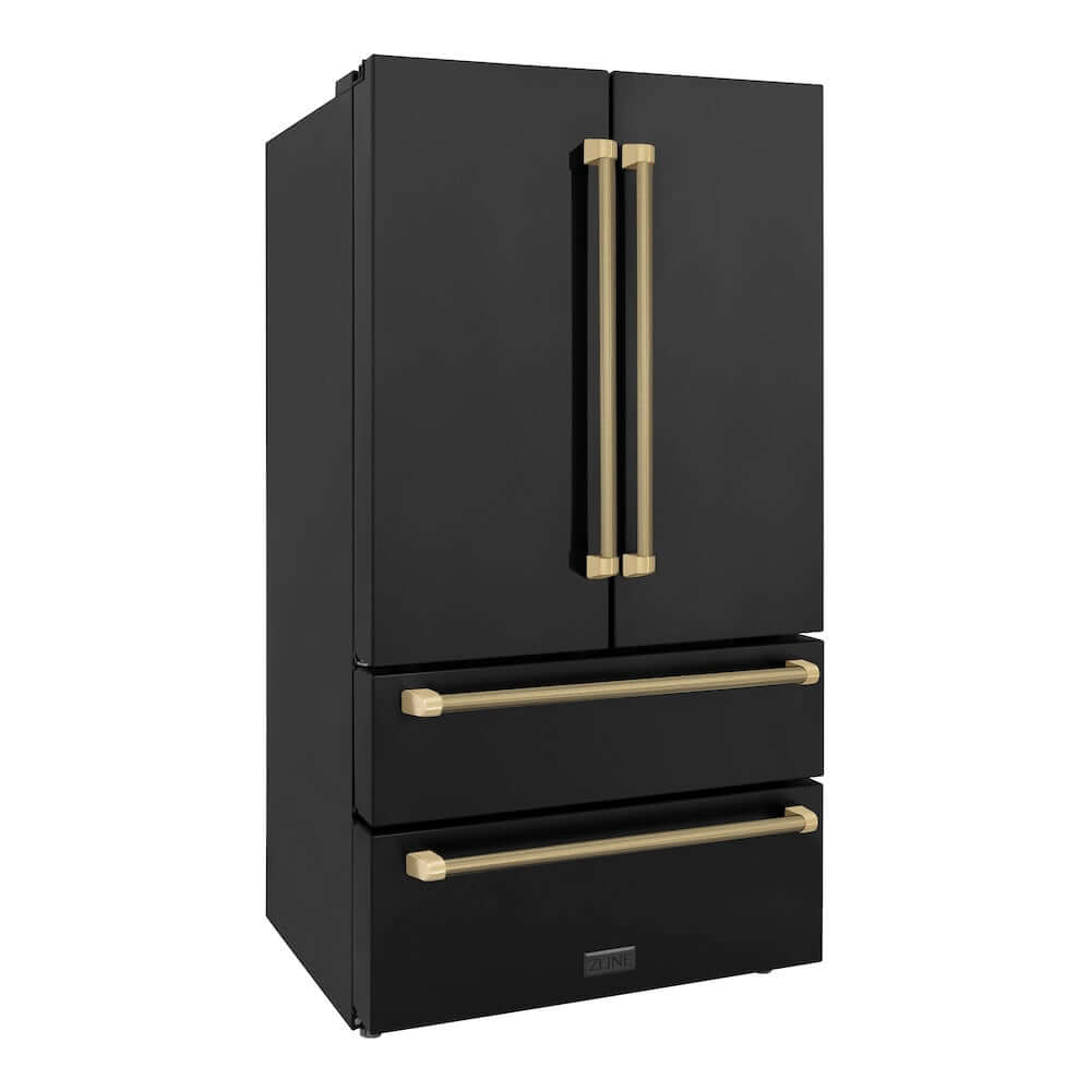 ZLINE Autograph Edition 36 in. 22.5 cu. ft. Counter-Depth French Door Refrigerator with Ice Maker in Fingerprint-Resistant Black Stainless Steel and Champagne Bronze Helix Handles (RFMZ-36-BS-KCB) side.