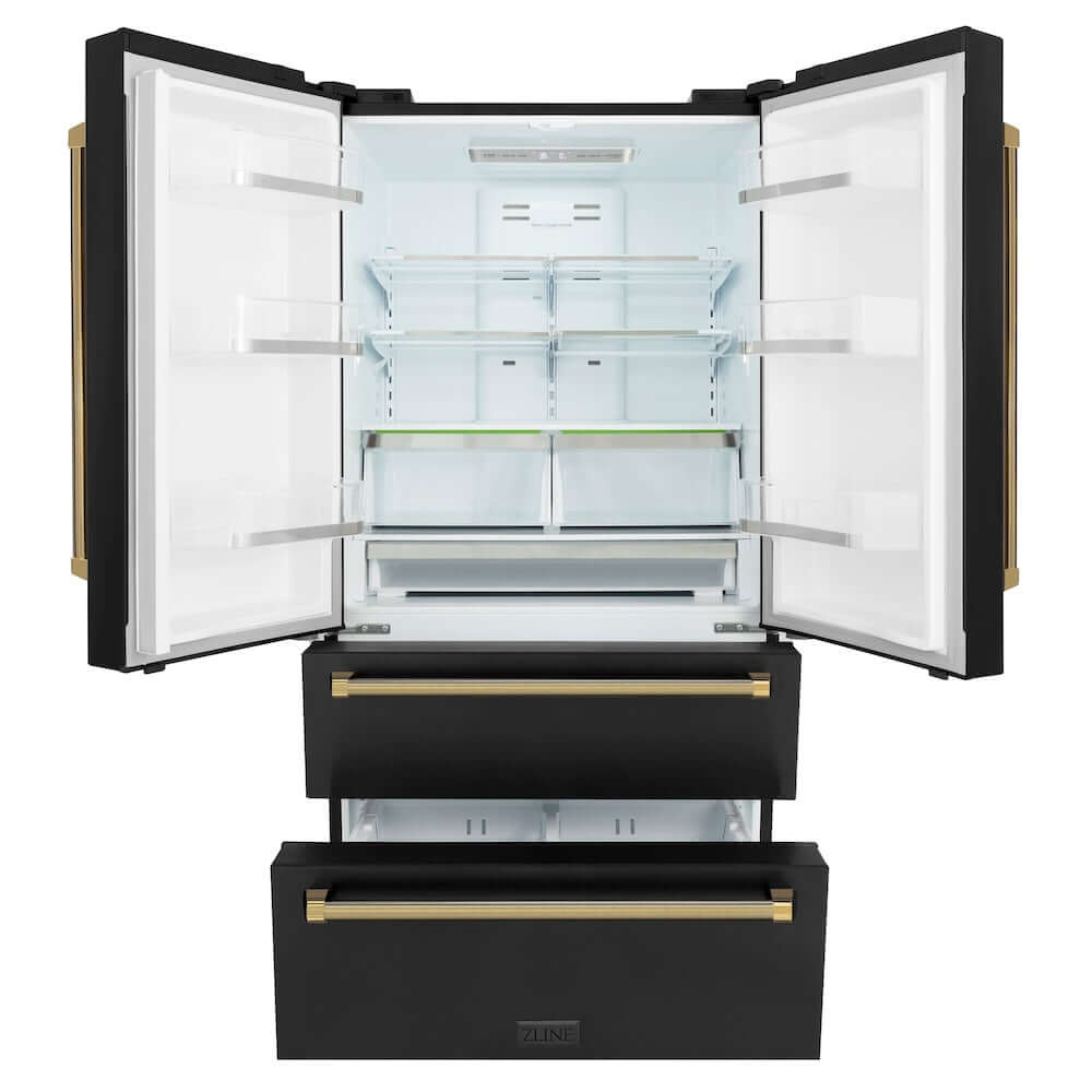 ZLINE Autograph Edition 36 in. 22.5 cu. ft. Counter-Depth French Door Refrigerator with Ice Maker in Fingerprint-Resistant Black Stainless Steel and Polished Gold Helix Handles (RFMZ-36-BS-KG) front, refrigeration compartment and bottom freezer drawers open.