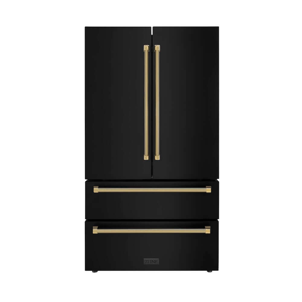 ZLINE Autograph Edition 36 in. 22.5 cu. ft. Counter-Depth French Door Refrigerator with Ice Maker in Fingerprint-Resistant Black Stainless Steel and Polished Gold Helix Handles (RFMZ-36-BS-KG) front.