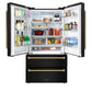 ZLINE Autograph Edition 36 in. 22.5 cu. ft. Counter-Depth French Door Refrigerator with Ice Maker in Fingerprint-Resistant Black Stainless Steel and Polished Gold Helix Handles (RFMZ-36-BS-KG) front, refrigeration compartment open with various food and drink items on shelves and in door storage bins.