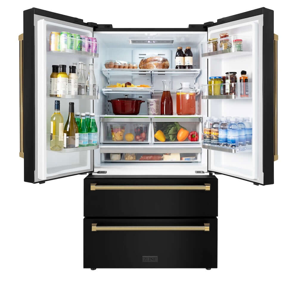ZLINE Autograph Edition 36 in. 22.5 cu. ft. Counter-Depth French Door Refrigerator with Ice Maker in Fingerprint-Resistant Black Stainless Steel and Polished Gold Helix Handles (RFMZ-36-BS-KG) front, refrigeration compartment open with various food and drink items on shelves and in door storage bins.