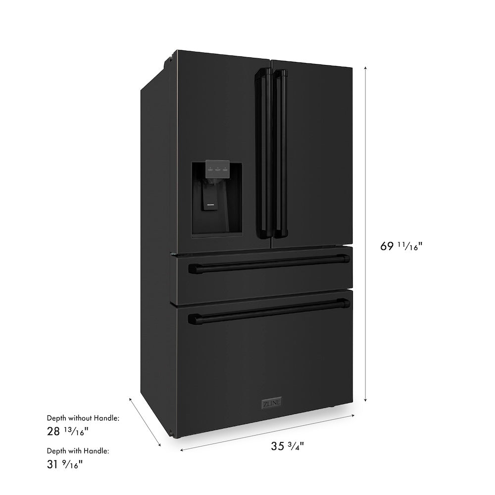 ZLINE 36 in. 21.6 cu. ft. Counter-Depth French Door Refrigerator with Water and Ice Dispenser in Fingerprint-Resistant Black Stainless Steel, Open Box-Good Condition dimensional diagram.