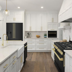 ZLINE Autograph Edition 36 in. 21.6 cu. ft Counter-Depth French Door Refrigerator with Water and Ice Dispenser in Fingerprint-Resistant Black Stainless Steel with Champagne Bronze Traditional Handles (RFMZ-W-36-BS-CB) in a kitchen with black appliances, white cabinets, and gold fixtures.