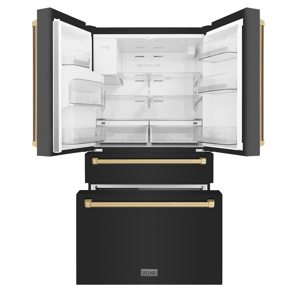 ZLINE Autograph Edition 36 in. 21.6 cu. ft 4-Door French Door Refrigerator with Water and Ice Dispenser in Fingerprint Resistant Black Stainless Steel with Champagne Bronze Traditional Handles (RFMZ-W-36-BS-CB)