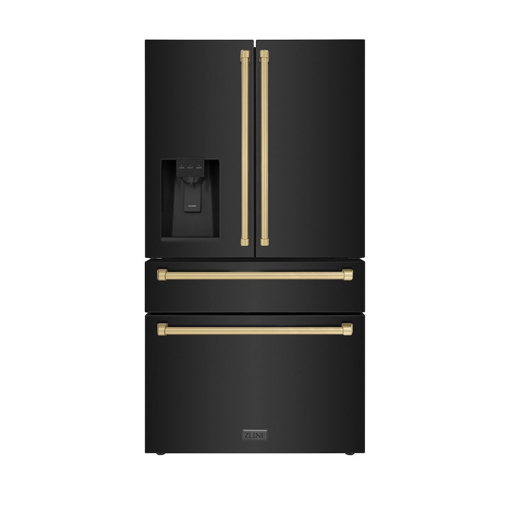 ZLINE Autograph Edition 36 in. 21.6 cu. ft 4-Door French Door Refrigerator with Water and Ice Dispenser in Fingerprint Resistant Black Stainless Steel with Champagne Bronze Traditional Handles (RFMZ-W-36-BS-CB)