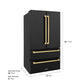 ZLINE Autograph Edition 36 in. 21.6 cu. ft. Counter-Depth French Door Refrigerator with Water and Ice Dispenser in Fingerprint-Resistant Black Stainless Steel with Polished Gold Traditional Handles (RFMZ-W-36-BS-G) dimensional diagram.