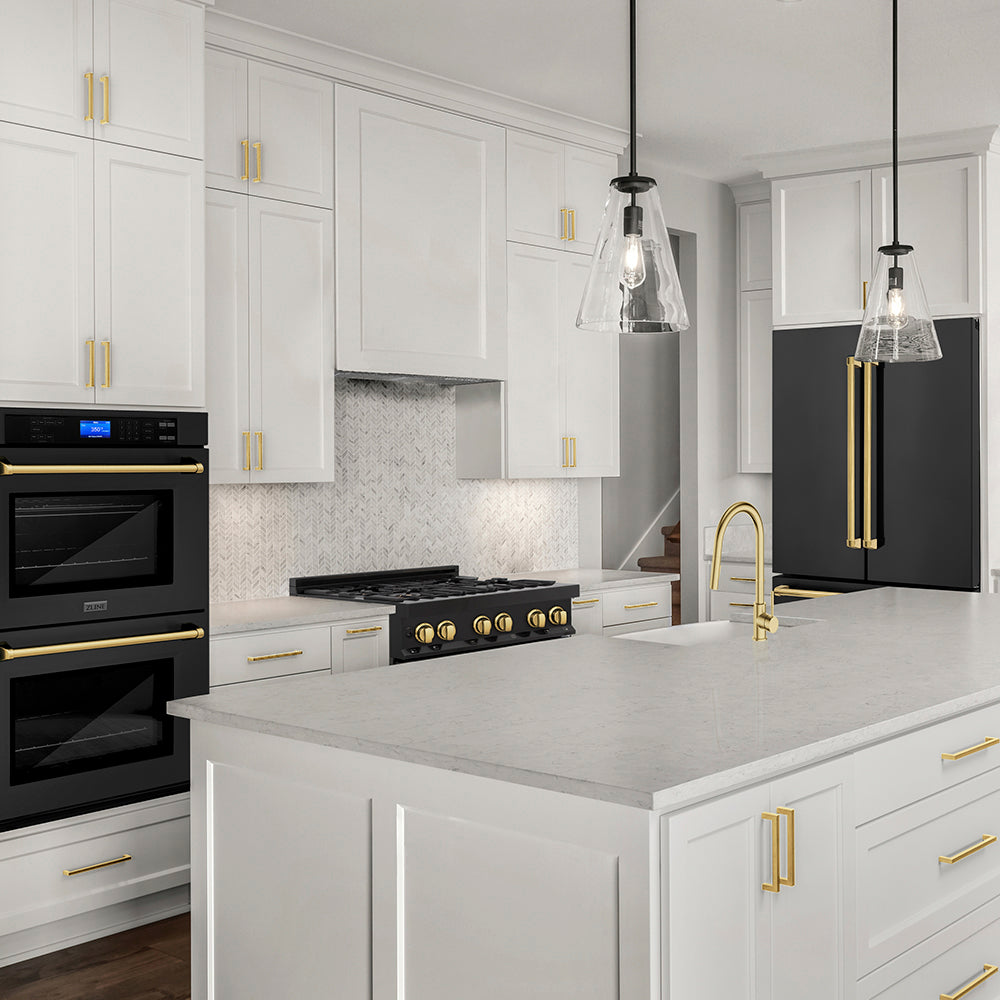 ZLINE Autograph Edition 36 in. 21.6 cu. ft. Counter-Depth French Door Refrigerator with Water and Ice Dispenser in Fingerprint-Resistant Black Stainless Steel with Polished Gold Traditional Handles (RFMZ-W-36-BS-G) in a kitchen with white cabinets, black appliances, and gold fixtures.