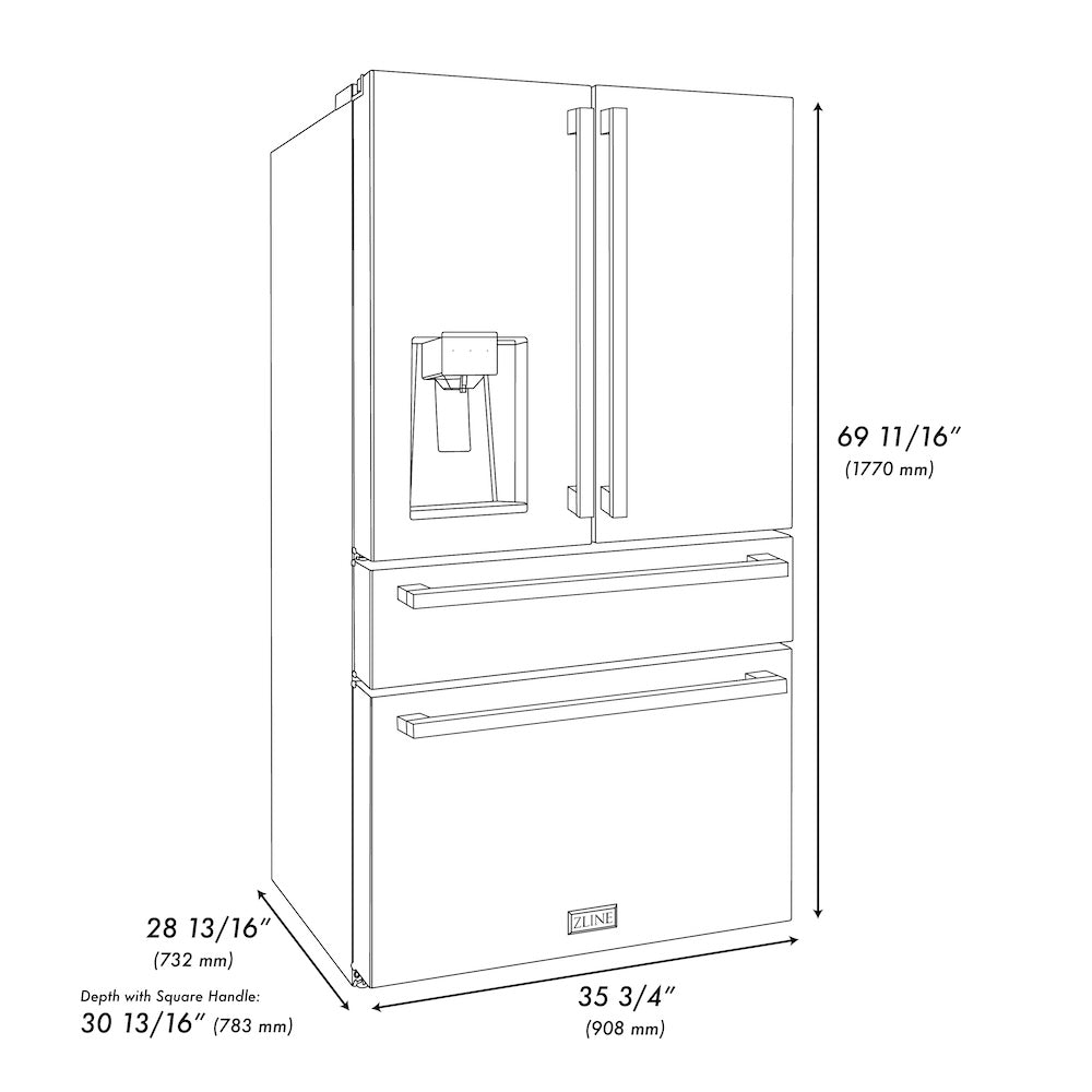 ZLINE Autograph Edition 36 in. 21.6 cu. ft 4-Door French Door Refrigerator with Water and Ice Dispenser in Black Stainless Steel with Champagne Bronze Modern Handles (RFMZ-W36-BS-FCB) dimensional diagram.