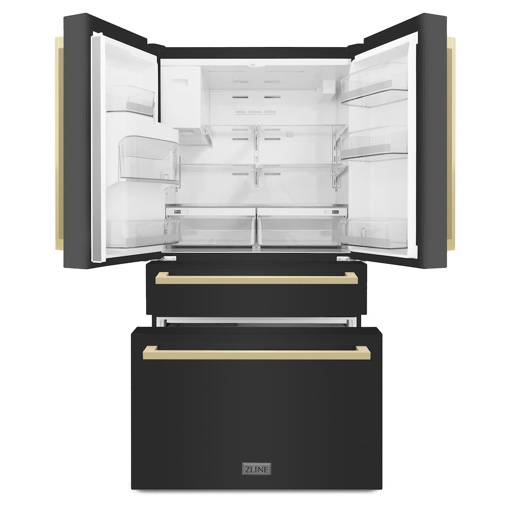 ZLINE Autograph Edition 36 in. 21.6 cu. ft 4-Door French Door Refrigerator with Water and Ice Dispenser in Black Stainless Steel with Champagne Bronze Modern Handles (RFMZ-W36-BS-FCB) front, refrigeration compartment and bottom freezer open.