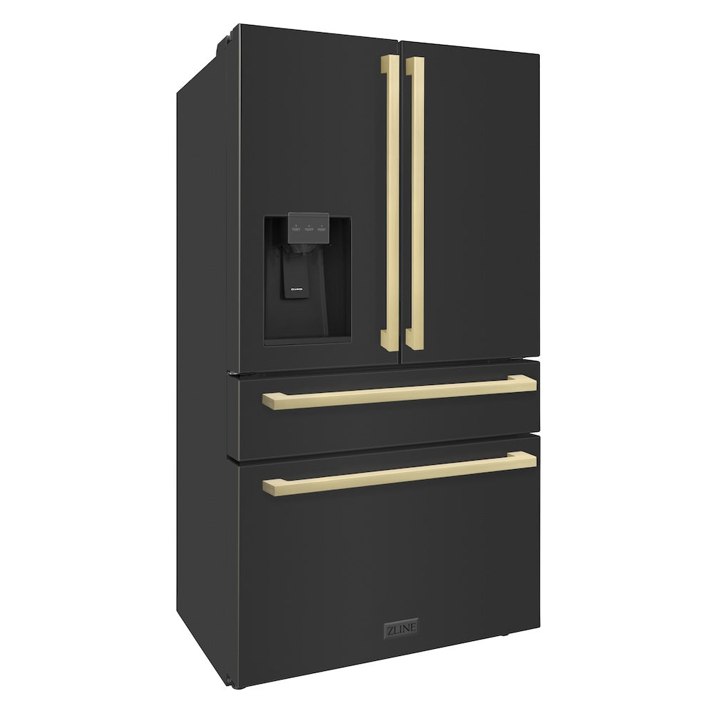ZLINE Autograph Edition 36 in. 21.6 cu. ft 4-Door French Door Refrigerator with Water and Ice Dispenser in Black Stainless Steel with Champagne Bronze Modern Handles (RFMZ-W36-BS-FCB) side, closed.
