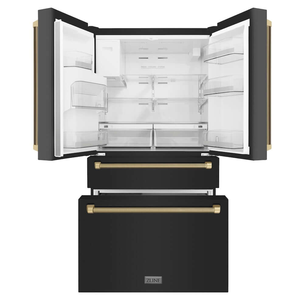 ZLINE Autograph Edition 36 in. 21.6 cu. ft. Counter-Depth French Door Refrigerator with Water and Ice Dispenser in Fingerprint-Resistant Black Stainless Steel with Champagne Bronze Helix Handles (RFMZ-W36-BS-KCB) front, refrigeration compartment and bottom freezer drawers open.