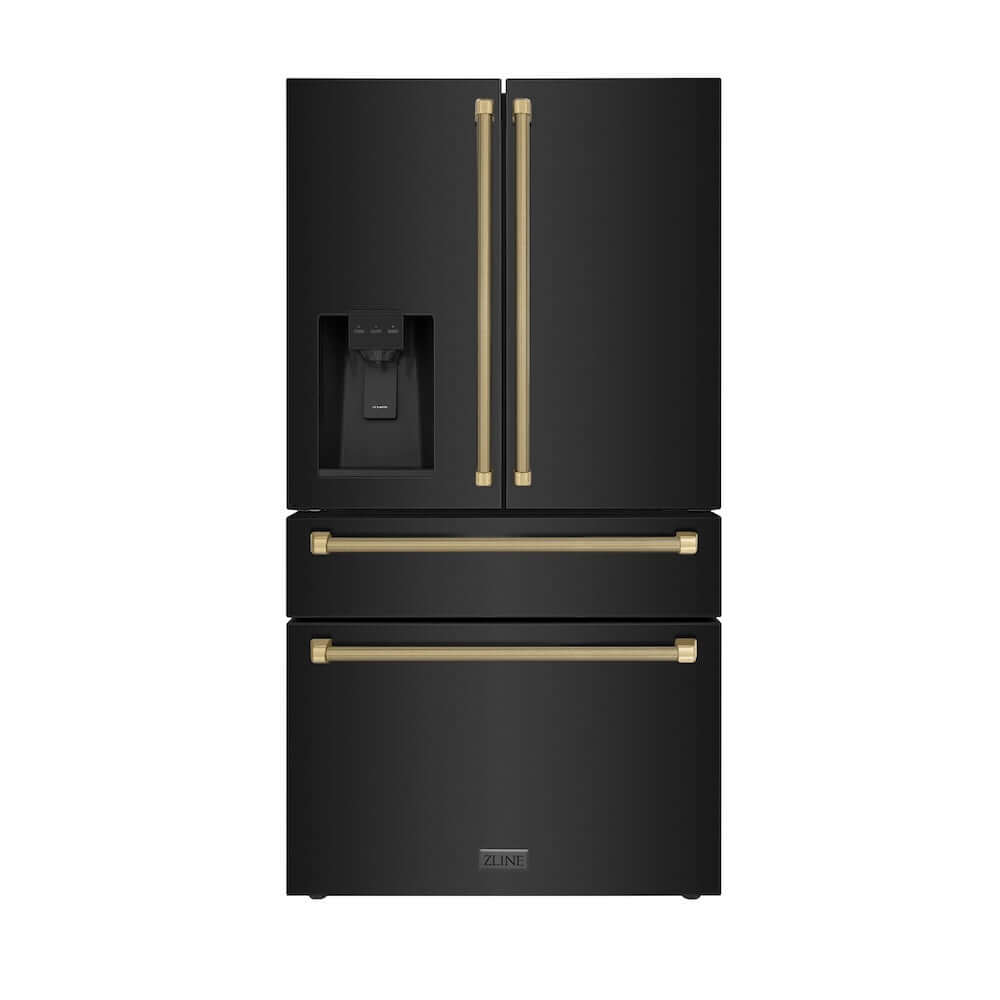ZLINE Autograph Edition 36 in. 21.6 cu. ft. Counter-Depth French Door Refrigerator with Water and Ice Dispenser in Fingerprint-Resistant Black Stainless Steel with Champagne Bronze Helix Handles (RFMZ-W36-BS-KCB) front.