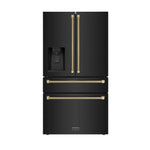ZLINE Autograph Edition 36 in. 21.6 cu. ft. Counter-Depth French Door Refrigerator with Water and Ice Dispenser in Fingerprint-Resistant Black Stainless Steel with Champagne Bronze Helix Handles (RFMZ-W36-BS-KCB) front.