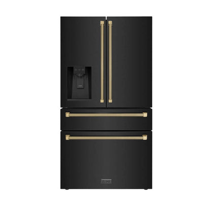 ZLINE Autograph Edition 36 in. 21.6 cu. ft. Counter-Depth French Door Refrigerator with Water and Ice Dispenser in Fingerprint-Resistant Black Stainless Steel with Champagne Bronze Helix Handles (RFMZ-W36-BS-KCB) front.