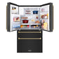 ZLINE Autograph Edition 36 in. 21.6 cu. ft. Counter-Depth French Door Refrigerator with Water and Ice Dispenser in Fingerprint-Resistant Black Stainless Steel with Champagne Bronze Helix Handles (RFMZ-W36-BS-KCB) front, refrigeration compartment open with various food and drink items on shelves and in door storage bins.