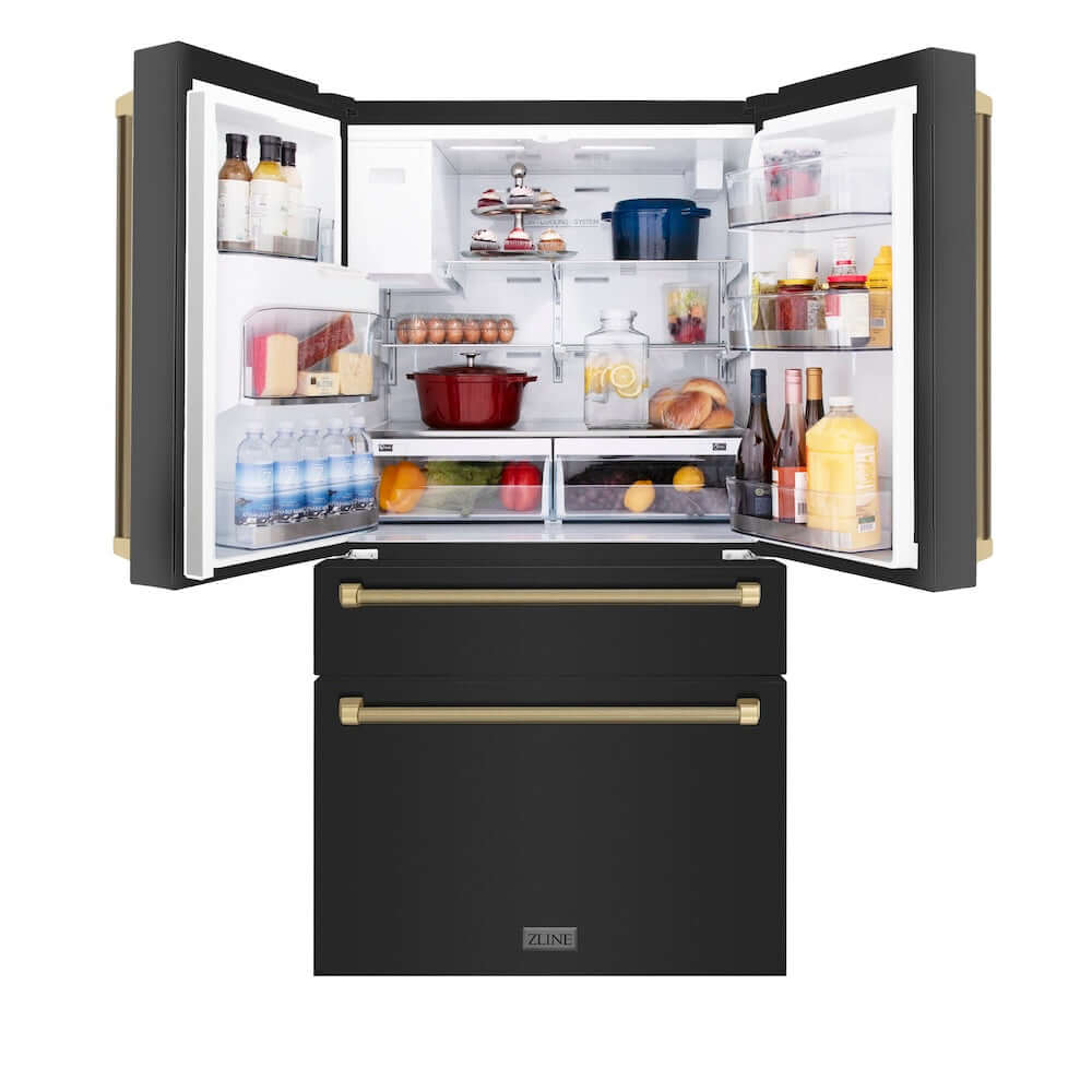 ZLINE Autograph Edition 36 in. 21.6 cu. ft. Counter-Depth French Door Refrigerator with Water and Ice Dispenser in Fingerprint-Resistant Black Stainless Steel with Champagne Bronze Helix Handles (RFMZ-W36-BS-KCB) front, refrigeration compartment open with various food and drink items on shelves and in door storage bins.
