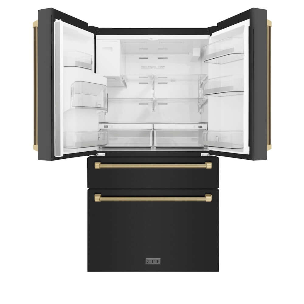 ZLINE Autograph Edition 36 in. 21.6 cu. ft. Counter-Depth French Door Refrigerator with Water and Ice Dispenser in Fingerprint-Resistant Black Stainless Steel with Champagne Bronze Helix Handles (RFMZ-W36-BS-KCB) front, open.