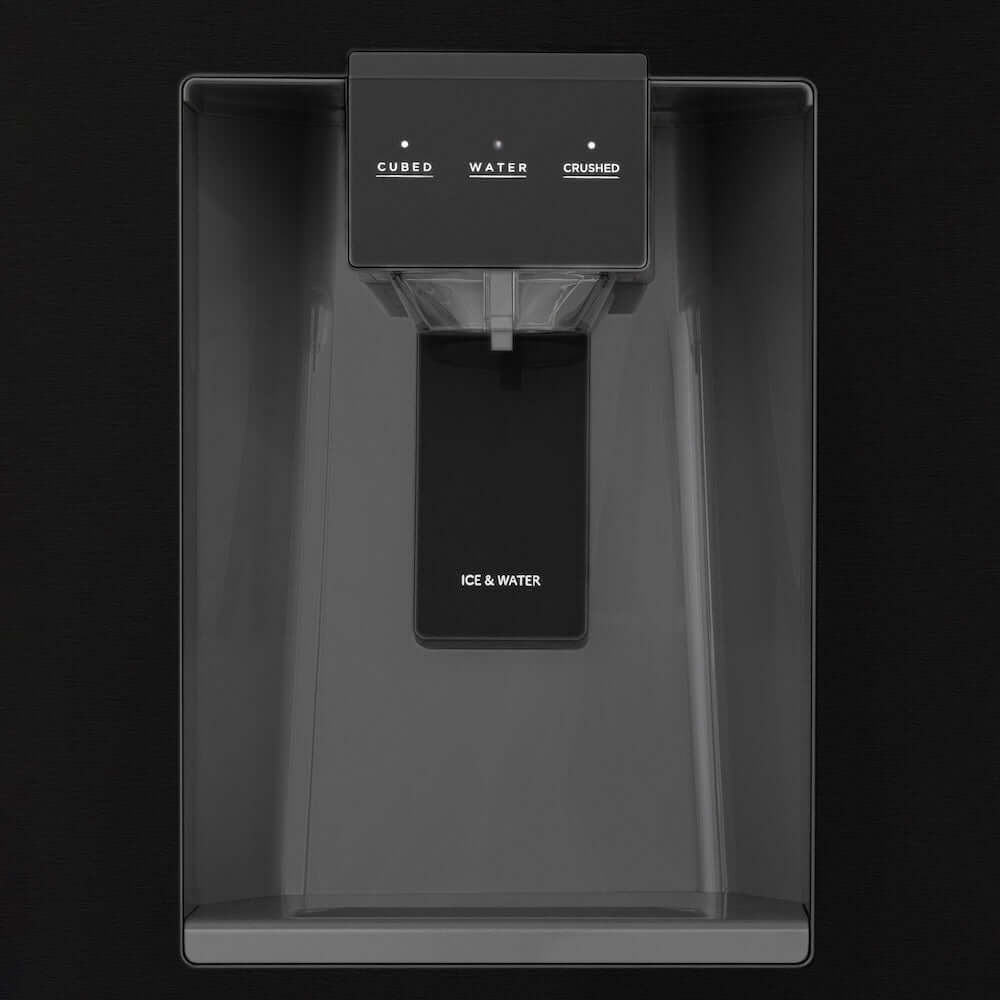 ZLINE Autograph Edition 36 in. 21.6 cu. ft. Counter-Depth French Door Refrigerator with Water and Ice Dispenser in Fingerprint-Resistant Black Stainless Steel with Champagne Bronze Helix Handles (RFMZ-W36-BS-KCB) external water and ice dispenser.