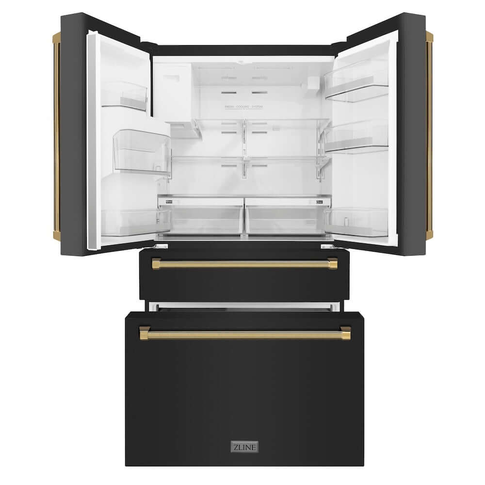 ZLINE Autograph Edition 36 in. 21.6 cu. ft. Counter-Depth French Door Refrigerator with Water and Ice Dispenser in Fingerprint-Resistant Black Stainless Steel with Polished Gold Helix Handles (RFMZ-W-36-BS-KG) front, refrigeration compartment and bottom freezer drawers open.