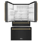 ZLINE Autograph Edition 36 in. 21.6 cu. ft. Counter-Depth French Door Refrigerator with Water and Ice Dispenser in Fingerprint-Resistant Black Stainless Steel with Polished Gold Helix Handles (RFMZ-W-36-BS-KG) front, refrigeration compartment and bottom freezer drawers open.