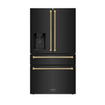 ZLINE Autograph Edition 36 in. 21.6 cu. ft. Counter-Depth French Door Refrigerator with Water and Ice Dispenser in Fingerprint-Resistant Black Stainless Steel with Polished Gold Helix Handles (RFMZ-W-36-BS-KG) front.