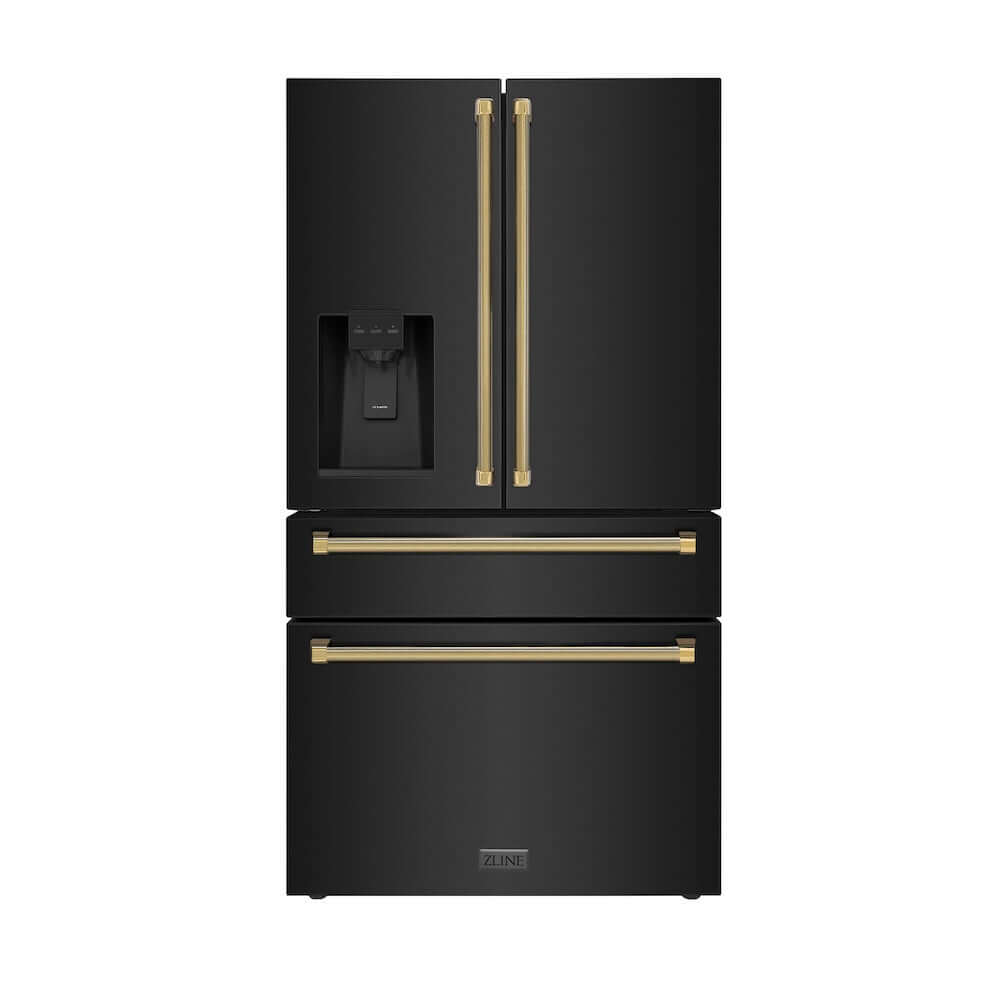 ZLINE Autograph Edition 36 in. 21.6 cu. ft. Counter-Depth French Door Refrigerator with Water and Ice Dispenser in Fingerprint-Resistant Black Stainless Steel with Polished Gold Helix Handles (RFMZ-W-36-BS-KG) front.