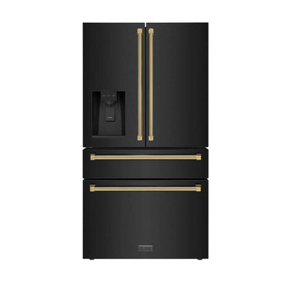 ZLINE Autograph Edition 36 in. 21.6 cu. ft. Counter-Depth French Door Refrigerator with Water and Ice Dispenser in Fingerprint-Resistant Black Stainless Steel with Polished Gold Helix Handles (RFMZ-W-36-BS-KG) front.