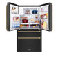 ZLINE Autograph Edition 36 in. 21.6 cu. ft. Counter-Depth French Door Refrigerator with Water and Ice Dispenser in Fingerprint-Resistant Black Stainless Steel with Polished Gold Helix Handles (RFMZ-W-36-BS-KG) front, refrigeration compartment open with various food and drink items on shelves and in door storage bins.