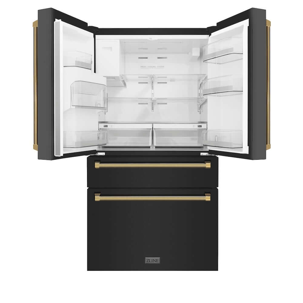 ZLINE Autograph Edition 36 in. 21.6 cu. ft. Counter-Depth French Door Refrigerator with Water and Ice Dispenser in Fingerprint-Resistant Black Stainless Steel with Polished Gold Helix Handles (RFMZ-W-36-BS-KG) front, open.