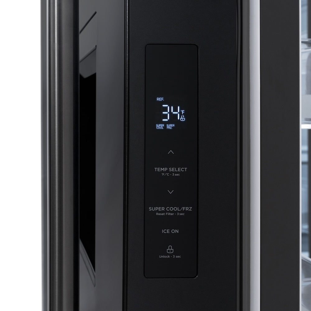 ZLINE 36" Standard-Depth French Door Black Stainless Steel Refrigerator (RSM-W-36-BS) close up, Digital LED Display and Temperature Control.