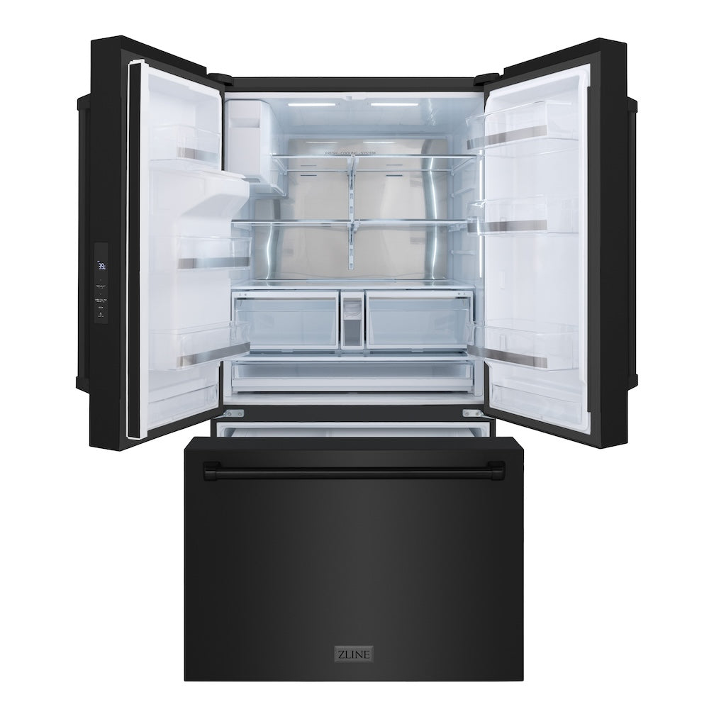 ZLINE 36 in. 28.9 cu. ft. Standard-Depth French Door External Water Dispenser Refrigerator with Dual Ice Maker in Black Stainless Steel (RSM-W-36-BS) front, doors and bottom freezer drawer open.