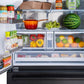 ZLINE 36 in. 28.9 cu. ft. Standard-Depth French Door External Water Dispenser Refrigerator with Dual Ice Maker in Fingerprint-Resistant Black Stainless Steel (RSM-W-36-BS) front, open, with food inside refrigeration compartment.