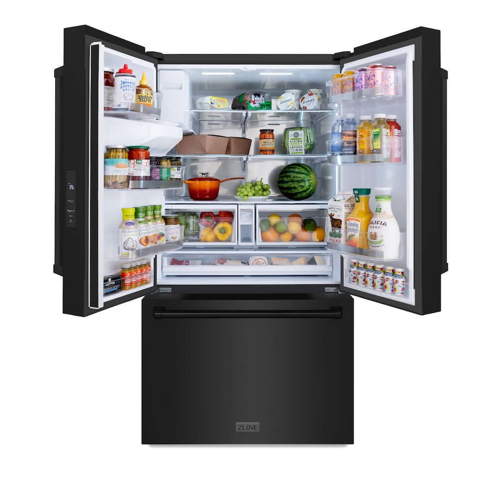 ZLINE 36 in. 28.9 cu. ft. Standard-Depth French Door External Water Dispenser Refrigerator with Dual Ice Maker in Black Stainless Steel (RSM-W-36-BS) front, refrigeration compartment open with food inside.