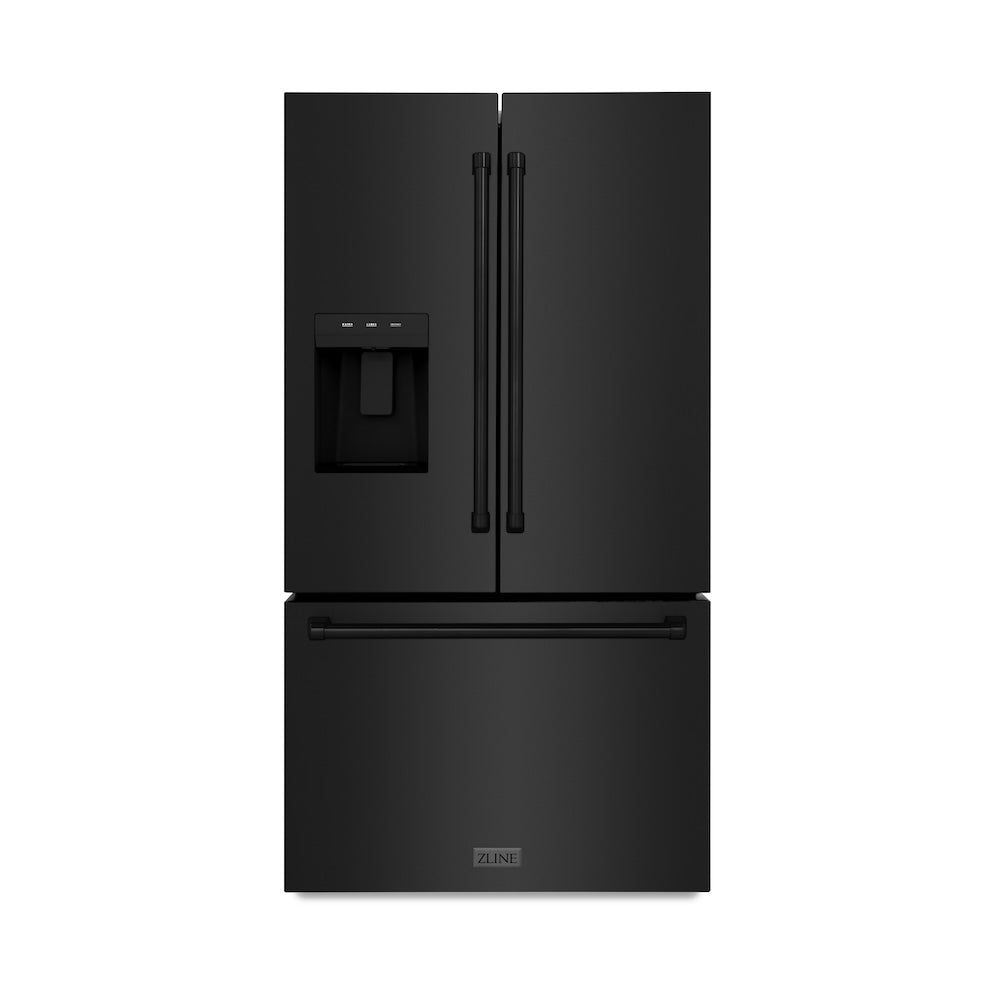 ZLINE 36 in. 28.9 cu. ft. Standard-Depth French Door External Water Dispenser Refrigerator with Dual Ice Maker in Black Stainless Steel (RSM-W-36-BS) front, closed.