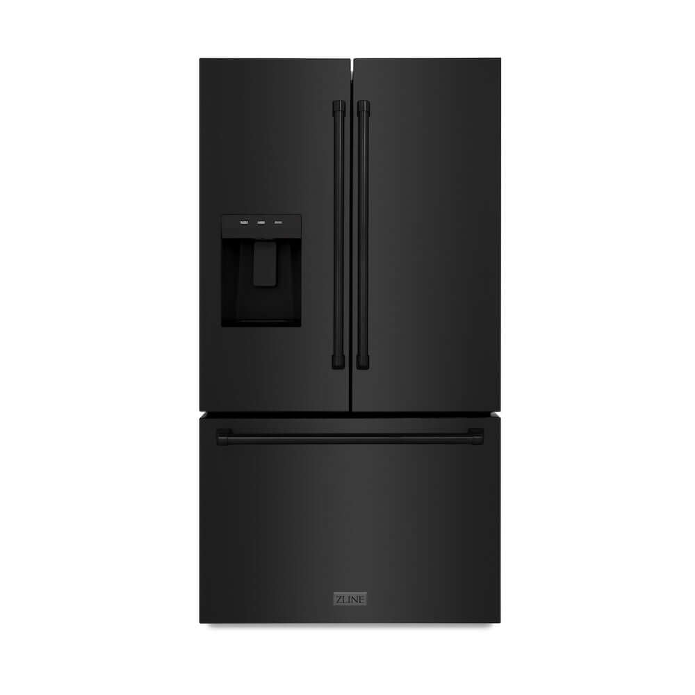 ZLINE 36 in. 28.9 cu. ft. Standard-Depth French Door External Water Dispenser Refrigerator with Dual Ice Maker in Black Stainless Steel (RSM-W-36-BS) front, closed.