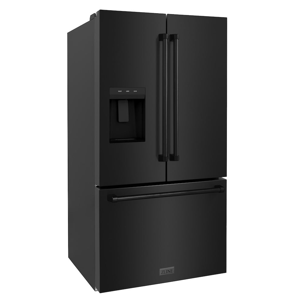 ZLINE 36 in. 28.9 cu. ft. Standard-Depth French Door External Water Dispenser Refrigerator with Dual Ice Maker in Black Stainless Steel (RSM-W-36-BS) side, closed.