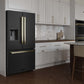 ZLINE Autograph Edition 36 in. 28.9 cu. ft. Standard-Depth French Door External Water Dispenser Refrigerator with Dual Ice Maker in Black Stainless Steel and Champagne Bronze Modern Handles (RSMZ-W36-BS-FCB) in a luxury kitchen.