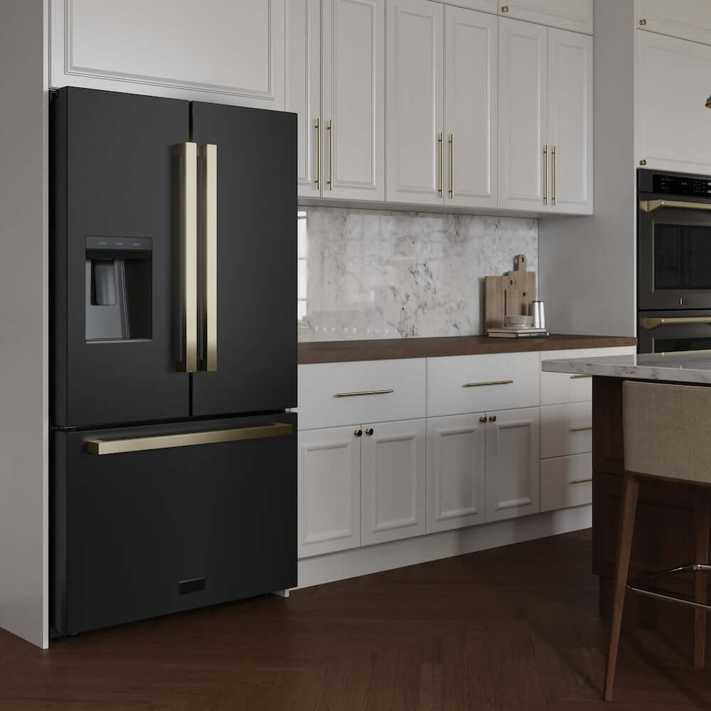 ZLINE Black Stainless Steel standard-depth refrigerator with gold handles in a luxury kitchen.