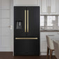 ZLINE Autograph Edition 36 in. 28.9 cu. ft. Standard-Depth French Door External Water Dispenser Refrigerator with Dual Ice Maker in Black Stainless Steel and Champagne Bronze Modern Handles (RSMZ-W36-BS-FCB) in a luxury kitchen.