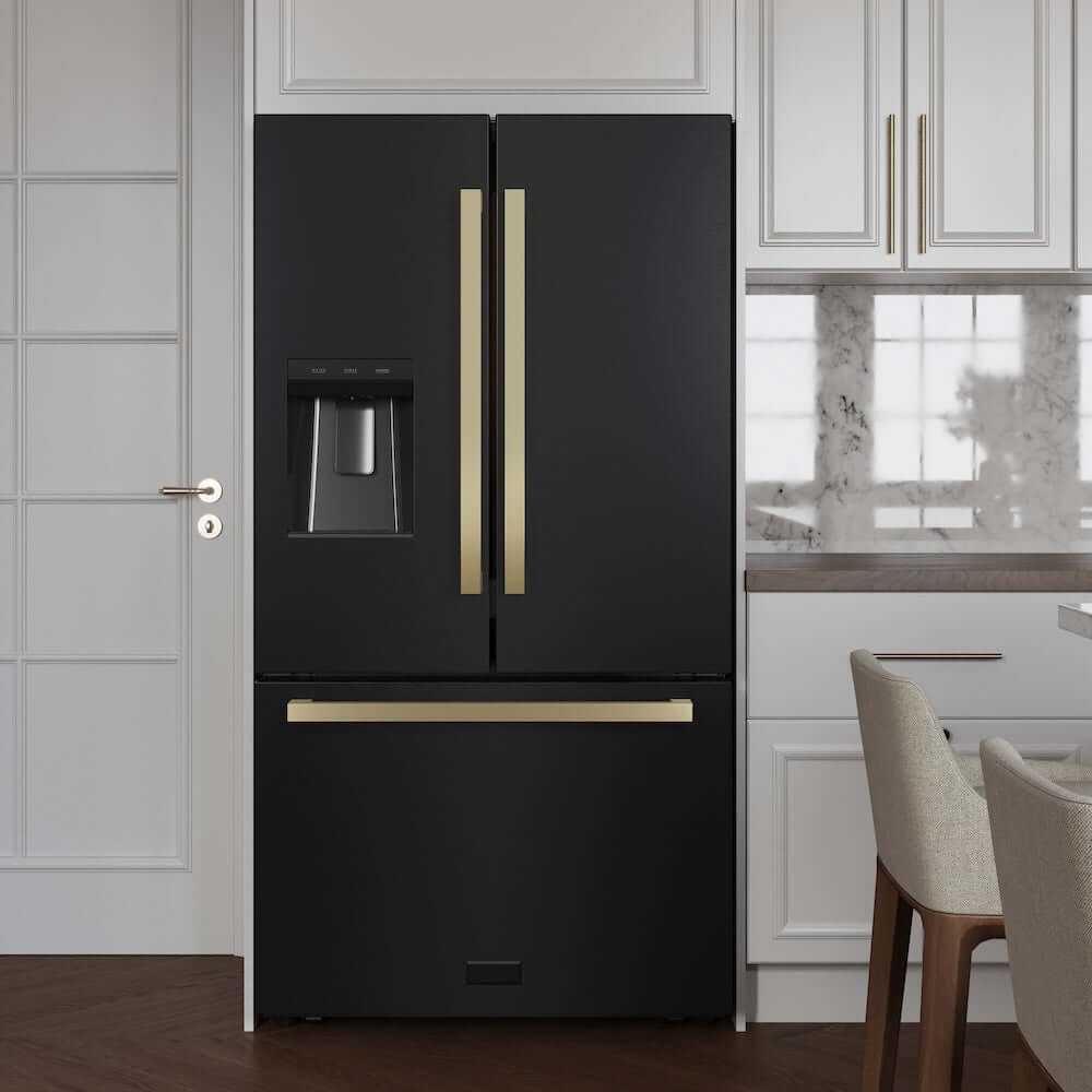 ZLINE Autograph Edition 36 in. 28.9 cu. ft. Standard-Depth French Door External Water Dispenser Refrigerator with Dual Ice Maker in Black Stainless Steel and Champagne Bronze Modern Handles (RSMZ-W36-BS-FCB) in a luxury kitchen.