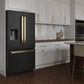 ZLINE Autograph Edition 36 in. 28.9 cu. ft. Standard-Depth French Door External Water Dispenser Refrigerator with Dual Ice Maker in Black Stainless Steel and Polished Gold Modern Handles (RSMZ-W-36-BS-FG) in a luxury kitchen.